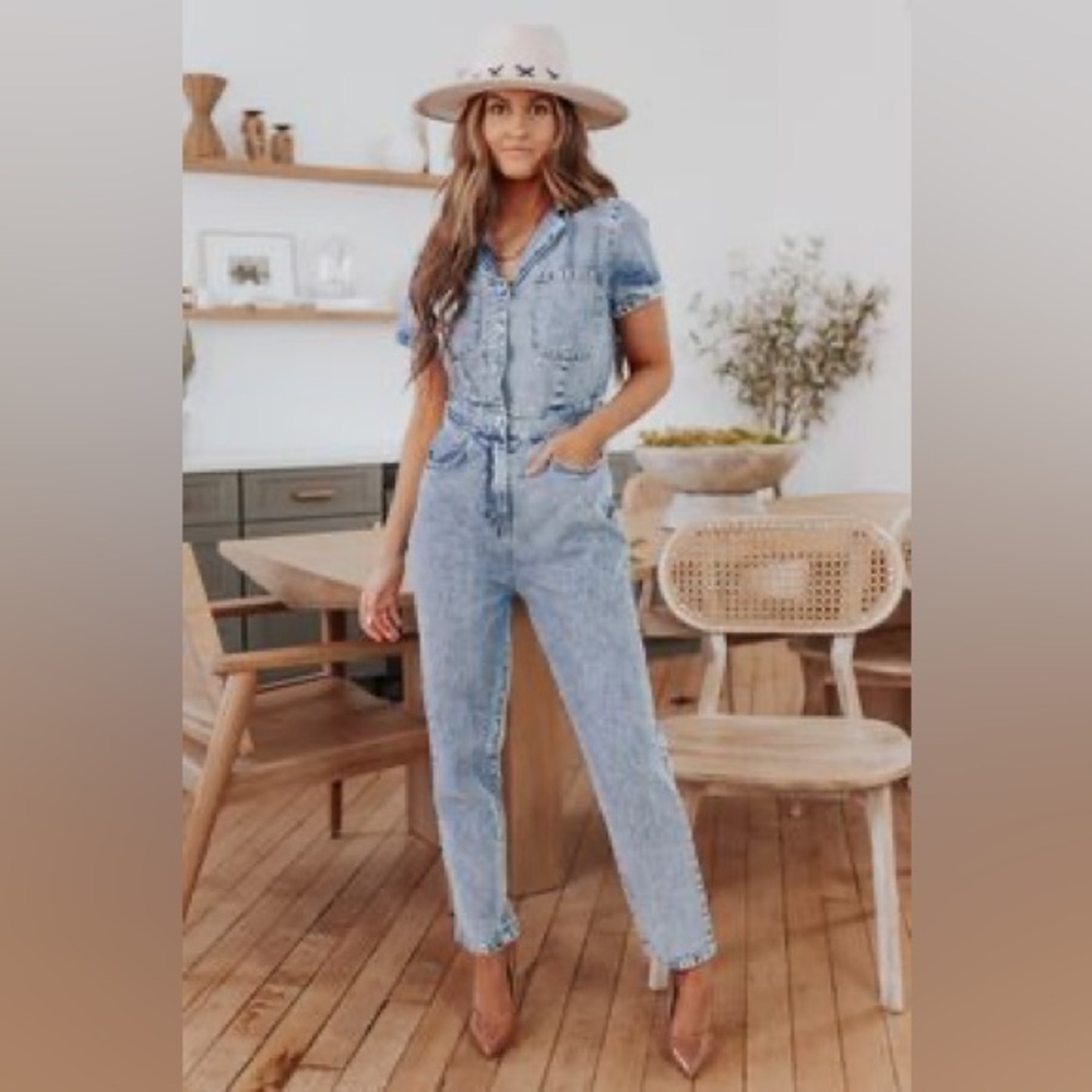 Light Blue Denim Short-Sleeve Jumpsuit Overalls - Women